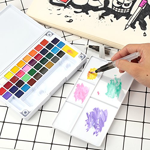 Ulikey Set de Pinturas de Acuarela - 36 colores, 2 pinceles, 2 esponjas de limpieza, 5 papeles.- Perfecto para aficionados incipientes y profesionales (A)