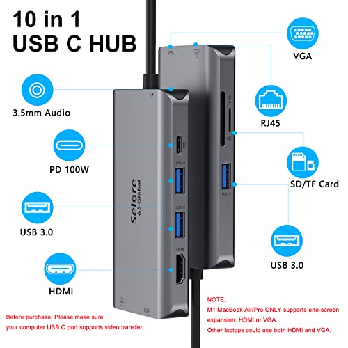 USB C Hub, Adaptador Tipo C Hub con 4K HDMI, VGA, Ethernet RJ45, Puertos USB 3.0, PD 100W, Audio de 3.5 mm, Hub Lector de Tarjetas SD/TF, 10 in 1 USB C Docking Station para MacBook Pro / Air DELL HP