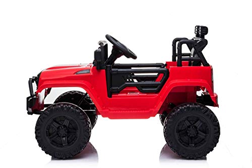 Vehículo eléctrico OFFROAD con tracción trasera, rojo, batería de 12V, chasis alto, asiento ancho, ejes suspendidos, control remoto de 2.4 GHz, reproductor de MP3 con entrada USB / SD, luces LED
