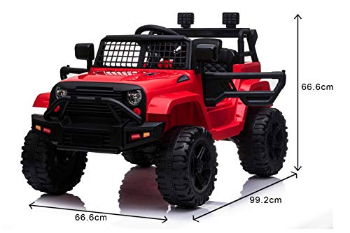 Vehículo eléctrico OFFROAD con tracción trasera, rojo, batería de 12V, chasis alto, asiento ancho, ejes suspendidos, control remoto de 2.4 GHz, reproductor de MP3 con entrada USB / SD, luces LED