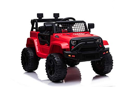 Vehículo eléctrico OFFROAD con tracción trasera, rojo, batería de 12V, chasis alto, asiento ancho, ejes suspendidos, control remoto de 2.4 GHz, reproductor de MP3 con entrada USB / SD, luces LED