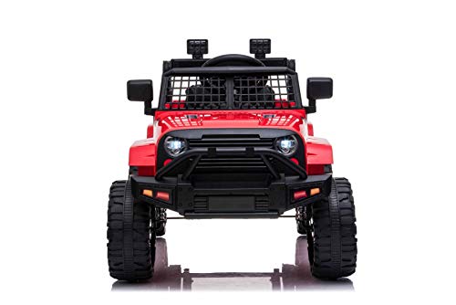 Vehículo eléctrico OFFROAD con tracción trasera, rojo, batería de 12V, chasis alto, asiento ancho, ejes suspendidos, control remoto de 2.4 GHz, reproductor de MP3 con entrada USB / SD, luces LED