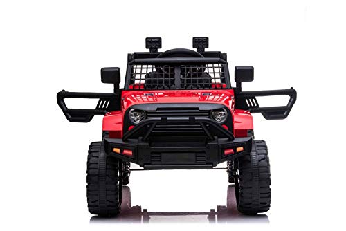 Vehículo eléctrico OFFROAD con tracción trasera, rojo, batería de 12V, chasis alto, asiento ancho, ejes suspendidos, control remoto de 2.4 GHz, reproductor de MP3 con entrada USB / SD, luces LED