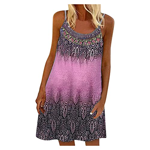 VEMOW Vestidos Verano de Tirantes Mujer Elegantes Vestidos Cortos con Estampados de Arte Pintura sin Mangas, Suelto Casual Falda de Playa Mini Vestido A-Line de Fiesta Tallas Grandes(C Púrpura,L)