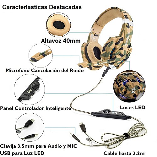 VersionTECH. Auriculares Gaming Estéreo Con Micrófono Gaming Headset Profesional Bass Over-Ear Con 3.5mm Jack, PS5, Luz LED,Bajo Ruido Compatible Para PC (Camuflaje)