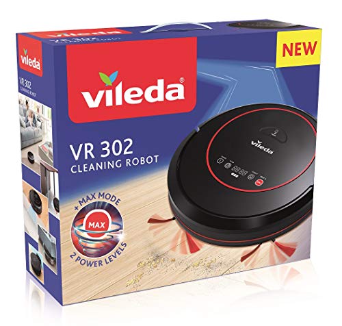 Vileda VR 302 - Robot aspirador autónomo para la limpieza eficaz de suelos y alfombras, aspiradora robótica con función programable y de autocarga, oble filtro y elevada potencia de succión, negro