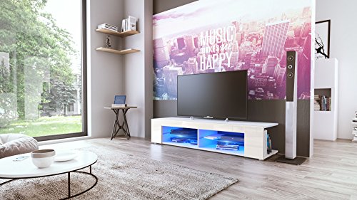 Vladon Mueble TV Movie, Cómoda TV con 4 Compartimentos Abiertos y Franjas Decorativas, Blanco Mate/Crema de Alto Brillo, incluida la iluminación LED Azul (134 x 29 x 39 cm)