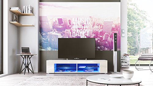 Vladon Mueble TV Movie, Cómoda TV con 4 Compartimentos Abiertos y Franjas Decorativas, Blanco Mate/Crema de Alto Brillo, incluida la iluminación LED Azul (134 x 29 x 39 cm)
