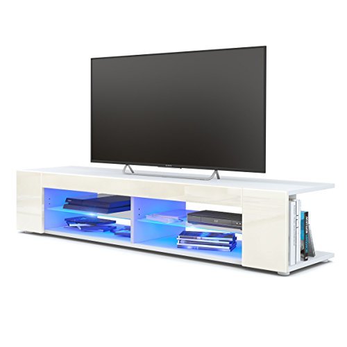 Vladon Mueble TV Movie, Cómoda TV con 4 Compartimentos Abiertos y Franjas Decorativas, Blanco Mate/Crema de Alto Brillo, incluida la iluminación LED Azul (134 x 29 x 39 cm)