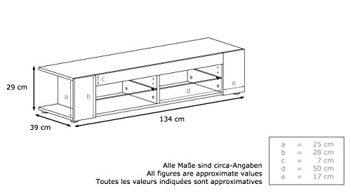 Vladon Mueble TV Movie, Cómoda TV con 4 Compartimentos Abiertos y Franjas Decorativas, Blanco Mate/Crema de Alto Brillo, incluida la iluminación LED Azul (134 x 29 x 39 cm)