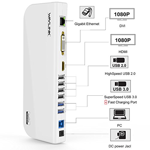 WAVLINK Estación de acoplamiento universal USB 3.0 para ordenador portátil, doble pantalla de vídeo HDMI y DVI/VGA, Gigabit Ethernet, audio, 6 puertos USB para Windows, Chromebooks-blanco