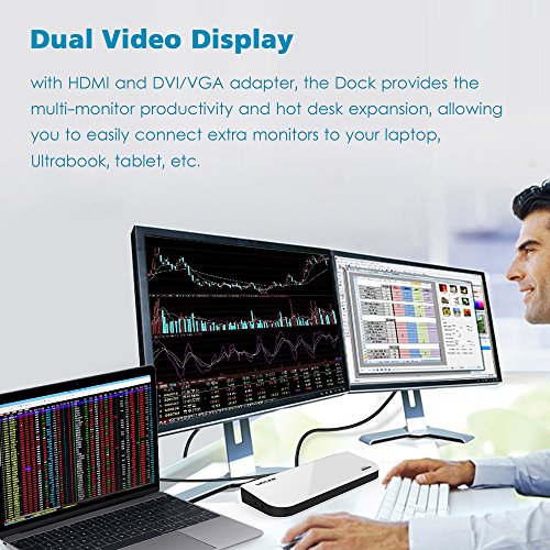 WAVLINK Estación de acoplamiento universal USB 3.0 para ordenador portátil, doble pantalla de vídeo HDMI y DVI/VGA, Gigabit Ethernet, audio, 6 puertos USB para Windows, Chromebooks-blanco
