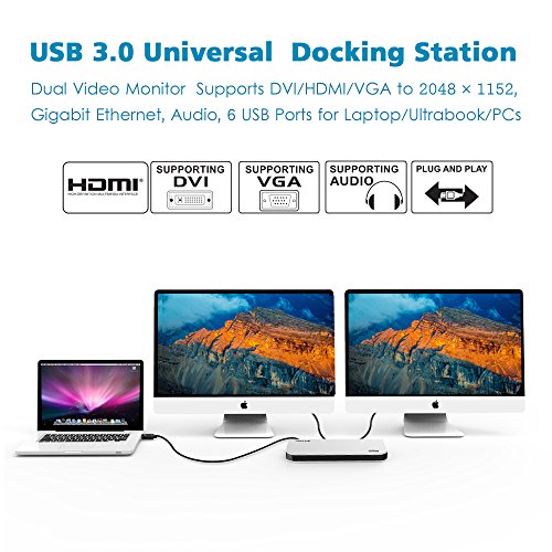 WAVLINK Estación de acoplamiento universal USB 3.0 para ordenador portátil, doble pantalla de vídeo HDMI y DVI/VGA, Gigabit Ethernet, audio, 6 puertos USB para Windows, Chromebooks-blanco