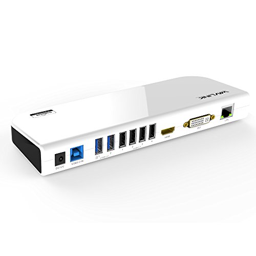 WAVLINK Estación de acoplamiento universal USB 3.0 para ordenador portátil, doble pantalla de vídeo HDMI y DVI/VGA, Gigabit Ethernet, audio, 6 puertos USB para Windows, Chromebooks-blanco