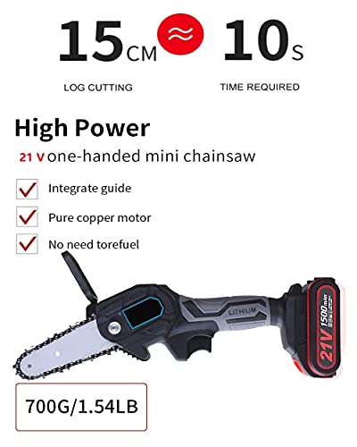 WEIWAN Mini Motosierra Inalámbrica 1500mAh, Motosierra Eléctrica Portátil, Tijeras De Podar Con Una Mano, 4 pulgadas Sierra Eléctrica Portátil, 6m/s, 700g, Con 2 Baterías, 2 Cadenas, 2 barras de guía