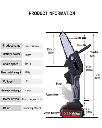 WEIWAN Mini Motosierra Inalámbrica 1500mAh, Motosierra Eléctrica Portátil, Tijeras De Podar Con Una Mano, 4 pulgadas Sierra Eléctrica Portátil, 6m/s, 700g, Con 2 Baterías, 2 Cadenas, 2 barras de guía