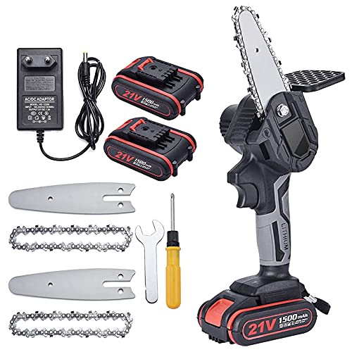 WEIWAN Mini Motosierra Inalámbrica 1500mAh, Motosierra Eléctrica Portátil, Tijeras De Podar Con Una Mano, 4 pulgadas Sierra Eléctrica Portátil, 6m/s, 700g, Con 2 Baterías, 2 Cadenas, 2 barras de guía