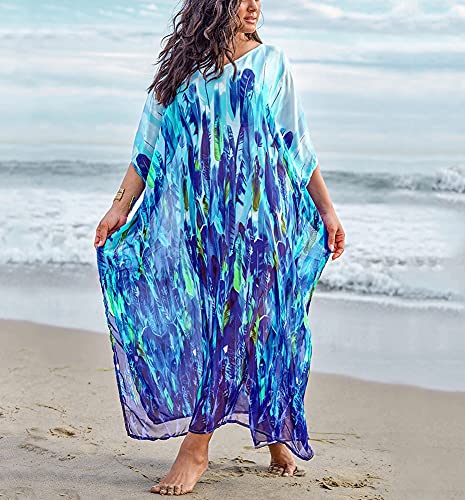 Yiyuan Vestido largo de playa turca de kaftan, estampado étnico, para mujer, vestido de baño suelto, Azul-1, Talla única