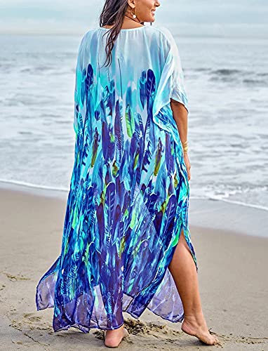 Yiyuan Vestido largo de playa turca de kaftan, estampado étnico, para mujer, vestido de baño suelto, Azul-1, Talla única