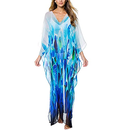 Yiyuan Vestido largo de playa turca de kaftan, estampado étnico, para mujer, vestido de baño suelto, Azul-1, Talla única