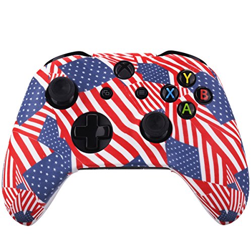 YoRHa Impresión Caucho de Silicona Funda Skin Case Carcasas Piel para Xbox One S/X Mando Controller x 1 (Bandera de los eeuu) con Agarres para el Pulgar Thumb Grip Pro x 8