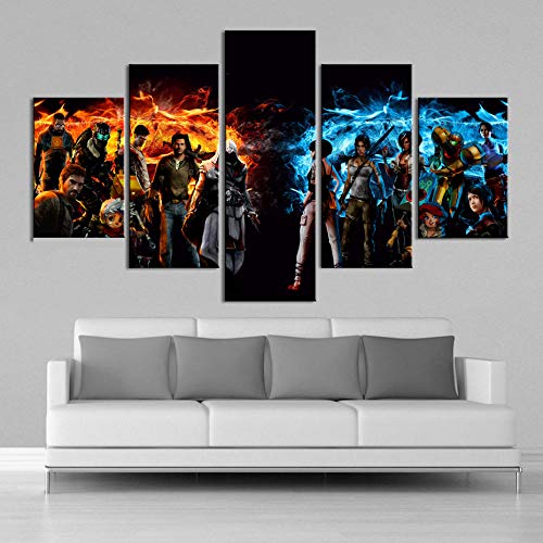ZhuHZ HD 5 Piezas Cartoon Assassin'S Creed Impresión en Lienzo Impreso Videojuego Pintura en Lienzo Cartel Arte de la Pared Grabado Decoración del hogar Enmarcado