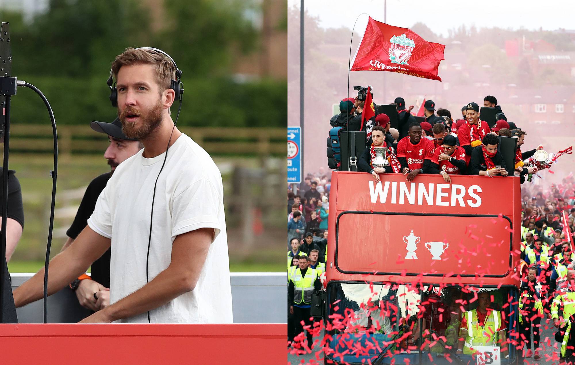 Calvin Harris actúa en el desfile del autobús del Liverpool FC tras la final de la Champion's League