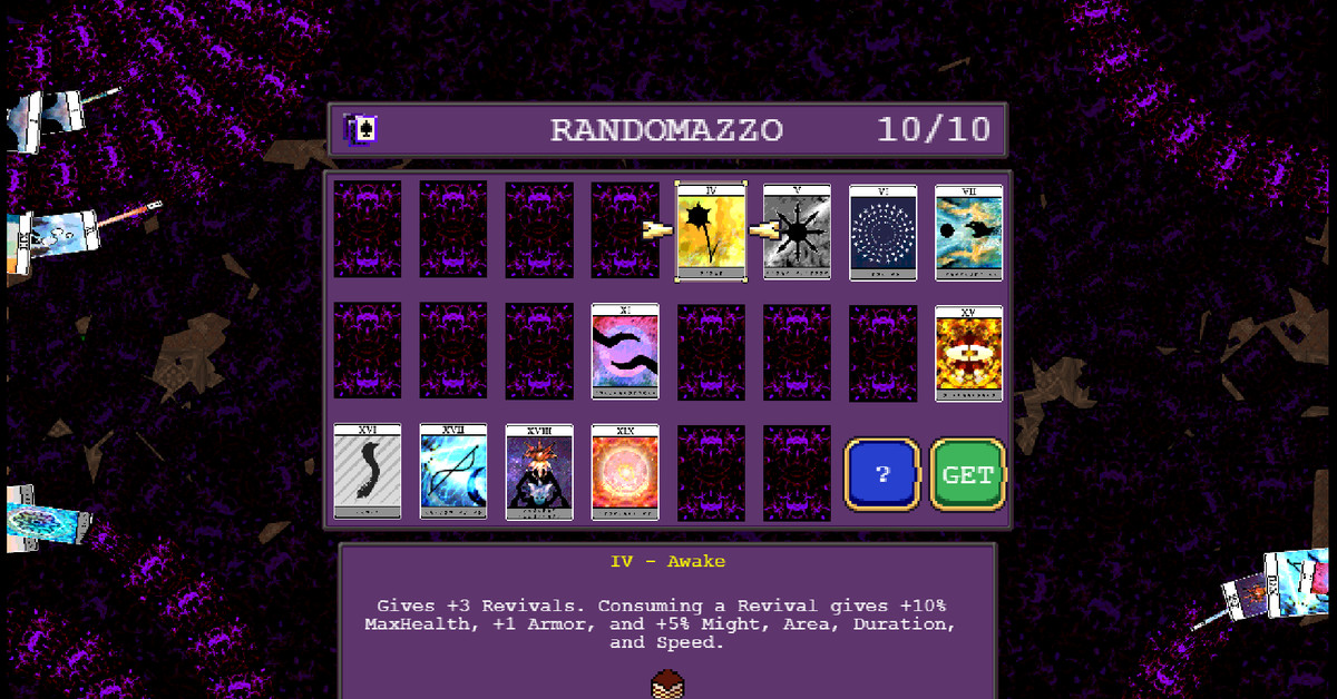 Tabla de todos los arcanos y ubicación de Randomazzo en Vampire Survivors