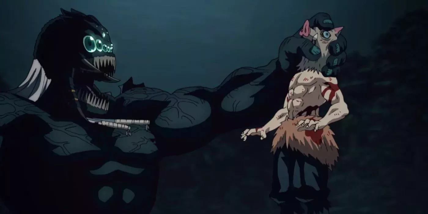 Inosuke's head gets squeezed by a giant spider man