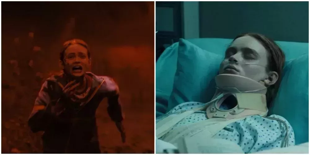 Split image: Max runs from Vecna, Max lies comatose in hospital bed - Stranger Things 4