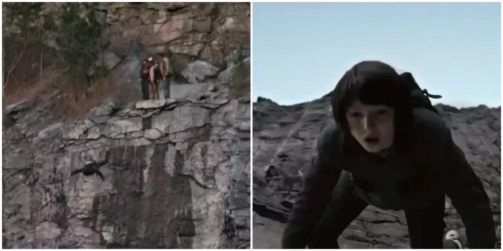 Split image- far-off shot of Mike jumping off cliff in front of bullies, close-up shot of Mike's face in midair - Stranger Things 1