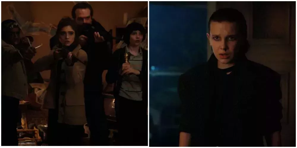 Split image: Nancy and Hopper armed, Mike with candlestick, Lucas with slingshot/Eleven with open door behind her - Stranger Things 2