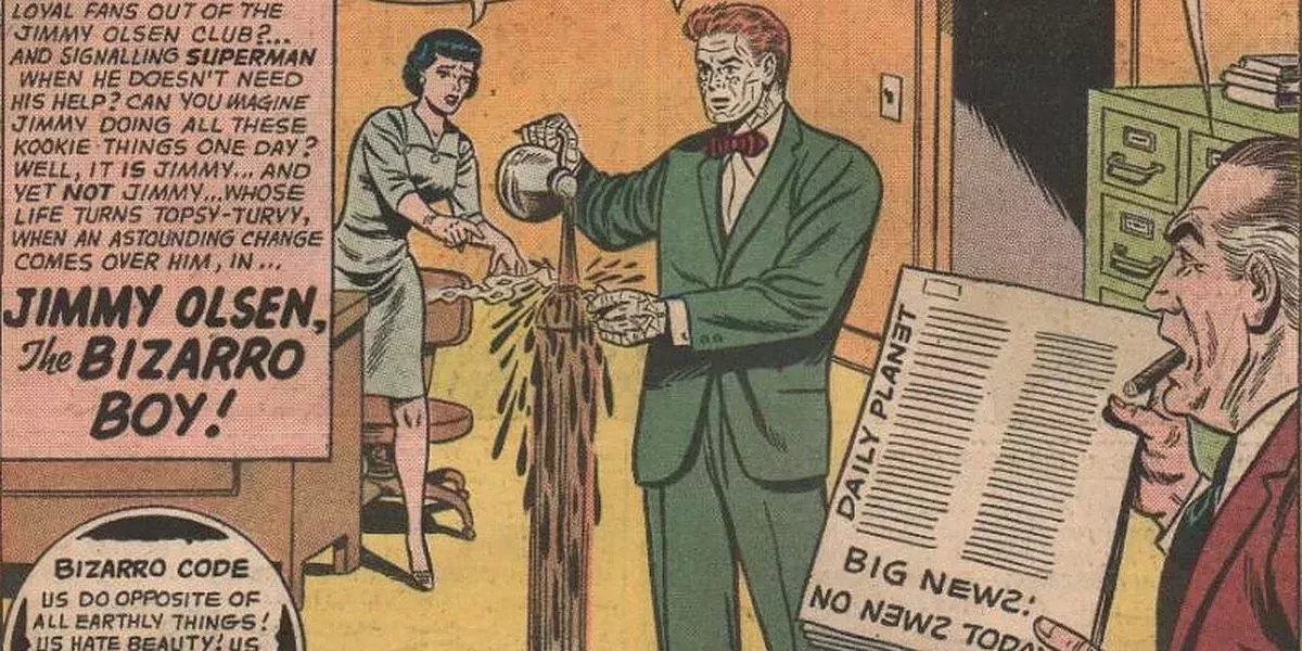 Bizarro Jimmy Olsen overfills a cup of coffee.