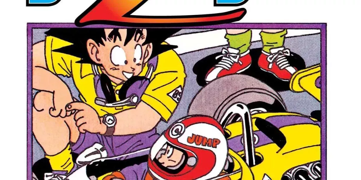 Goku checking in on Gohan who is riding a formula one race car