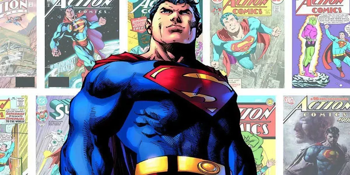 Superman posed against a background of classic comic book covers