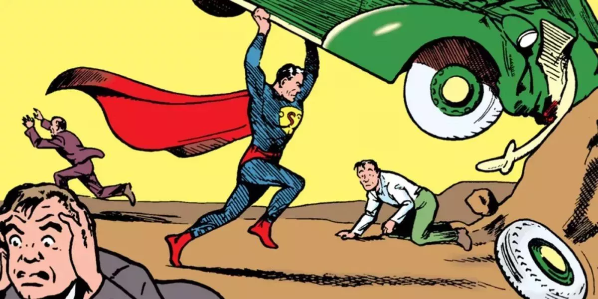 Superman lifting a car while men flee from him on the cover of Action Comics #1