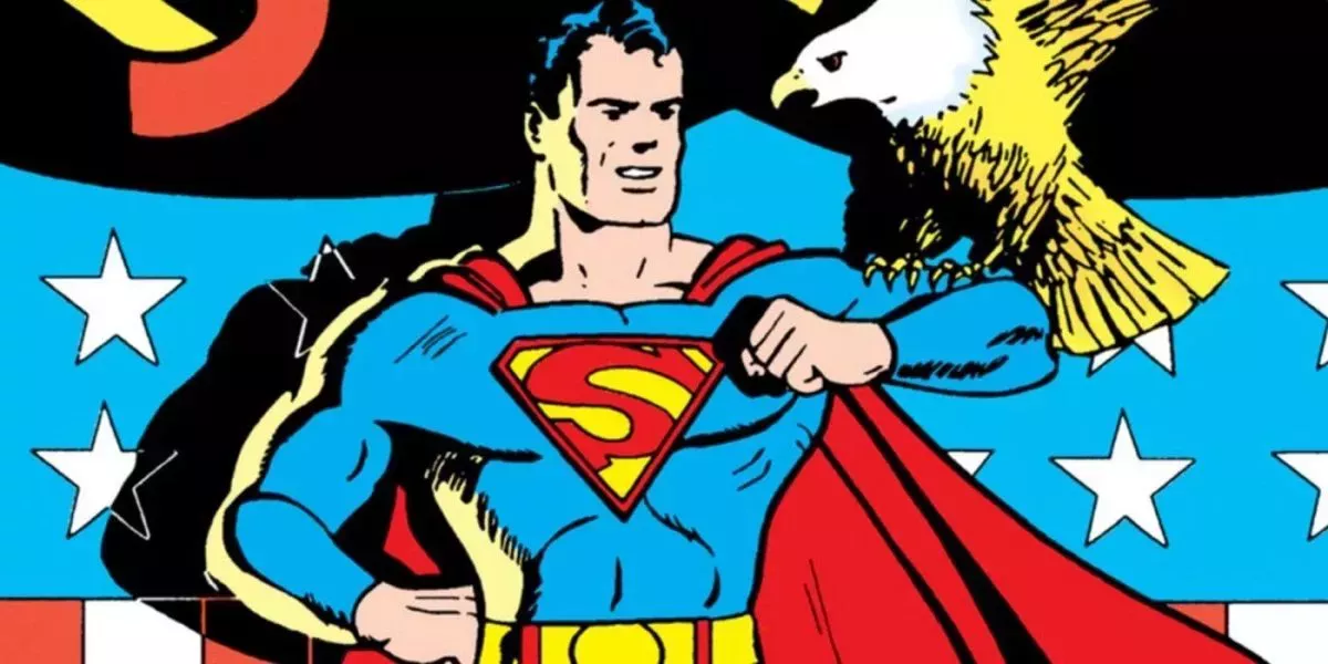 Golden Age Superman with an eagle resting on his arm.