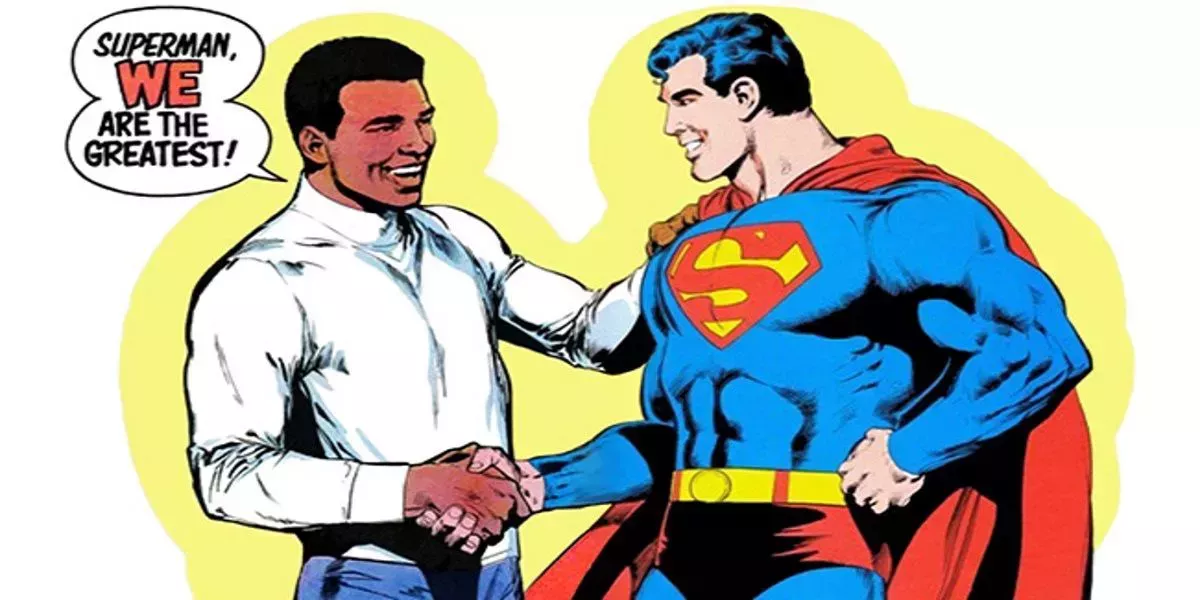 Muhammad Ali and Superman, shaking hands in DC Comics