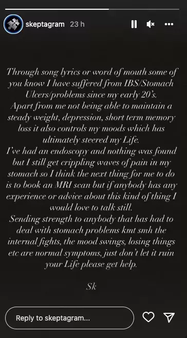 Skepta's statement about suffering from IBS