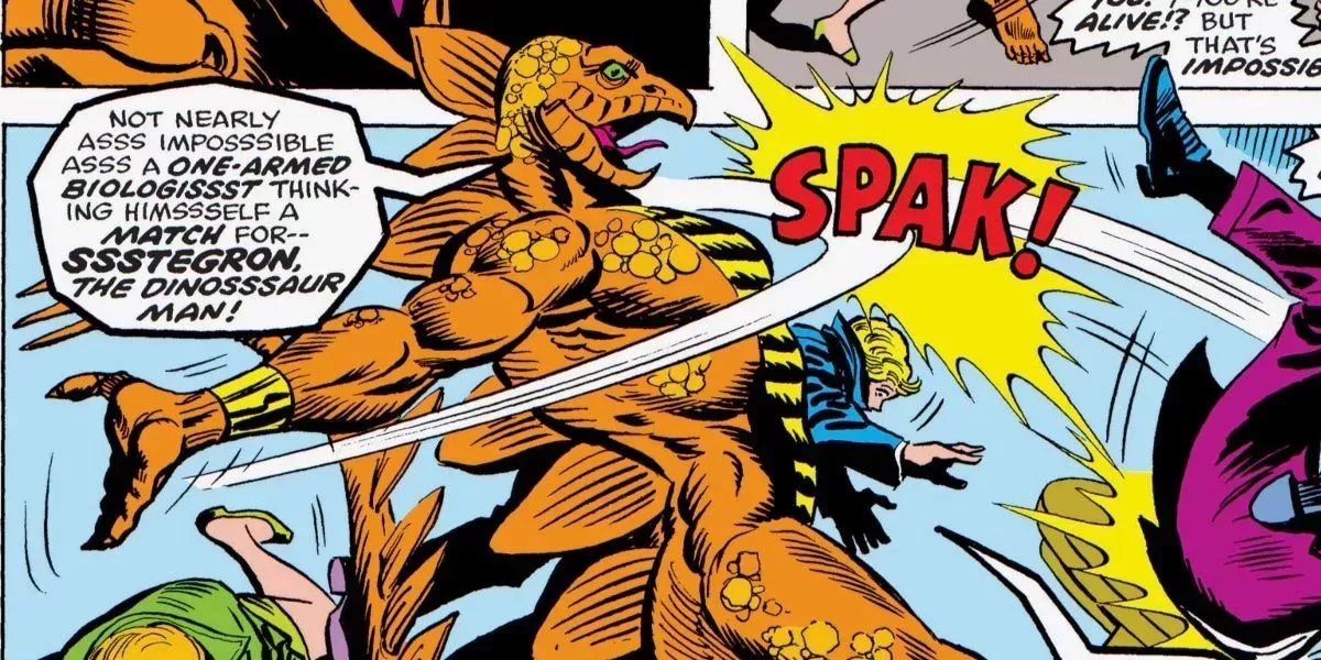 Stegron the Dinosaur Man attacks civilians in Marvel Comics