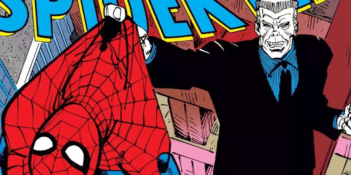 The crime boss Tombstone holding a limp Spider-Man in Marvel Comics