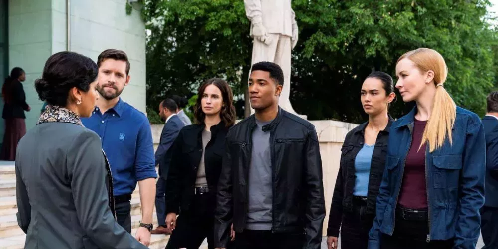 FBI International featuring characters (from left to right) Scott Forester, Jamie Kellet, Andre Raines, Cameron Vo, Megan 