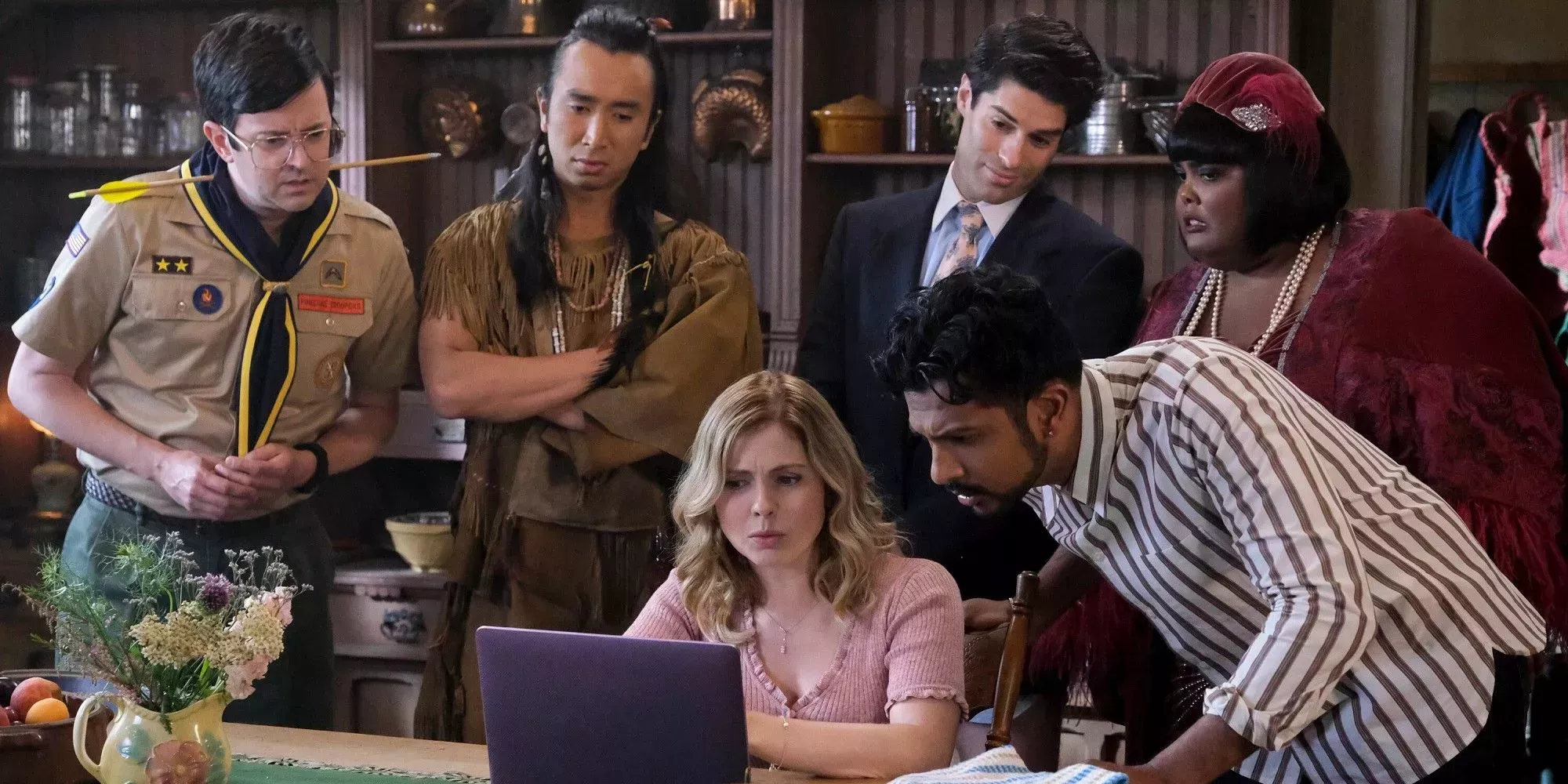 Group of Character's from CBS' Ghosts. Left to right, Pete Martino, Sassapis, Samantha Arondekar and Jay Arondekar, Trevor Lefkowitz, Alberta Haynes