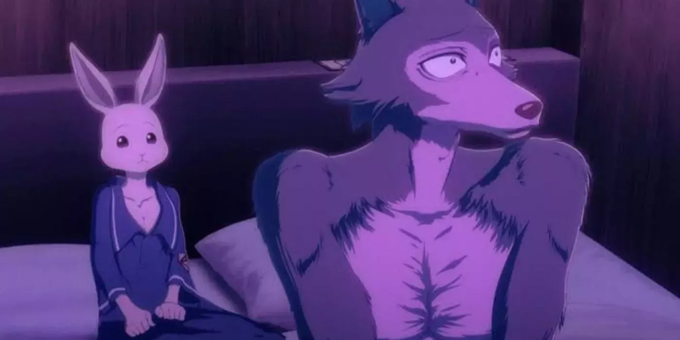 Legoshi and Haru sitting on bed in Beastars.