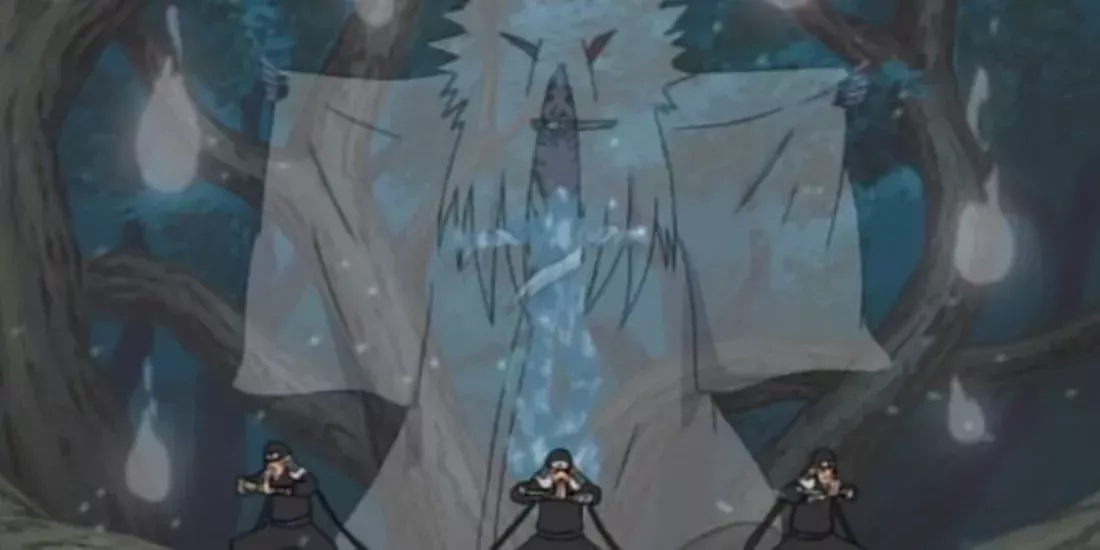 the Shinigami which has been conjured posing behind 3 people