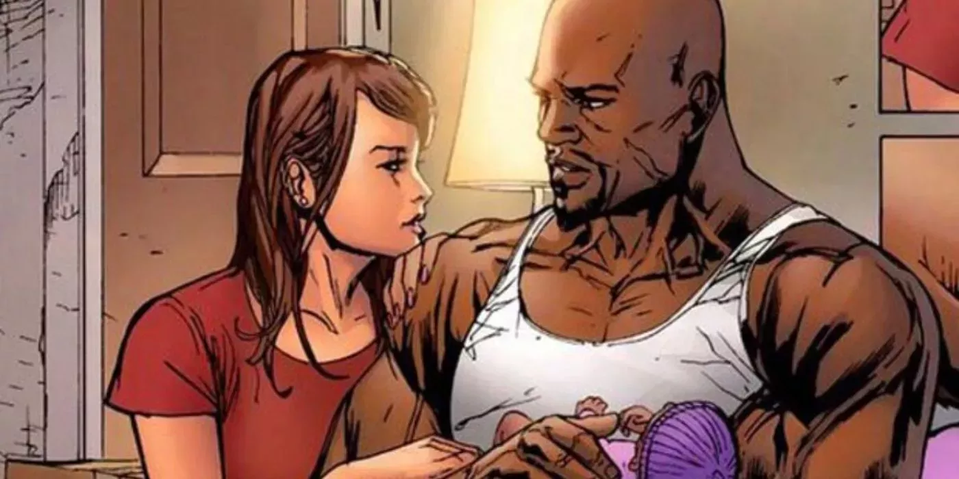 Luke Cage and Jessica Jones holding their baby in Marvel Comics