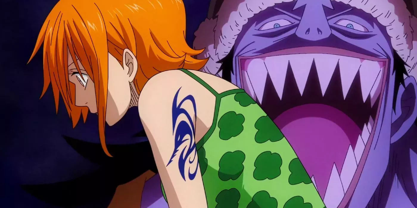 Nami, the navigator of the Straw Hat Pirates, and Arlong during a flashback in One Piece