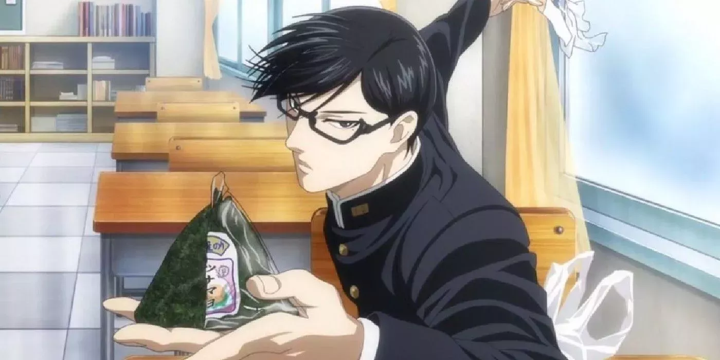 Sakamoto unwraps the onigiri perfectly in Haven't You Heard? I'm Sakamoto.