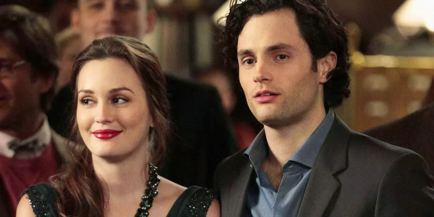 Dan and Blair stand together, smiling, in Gossip Girl