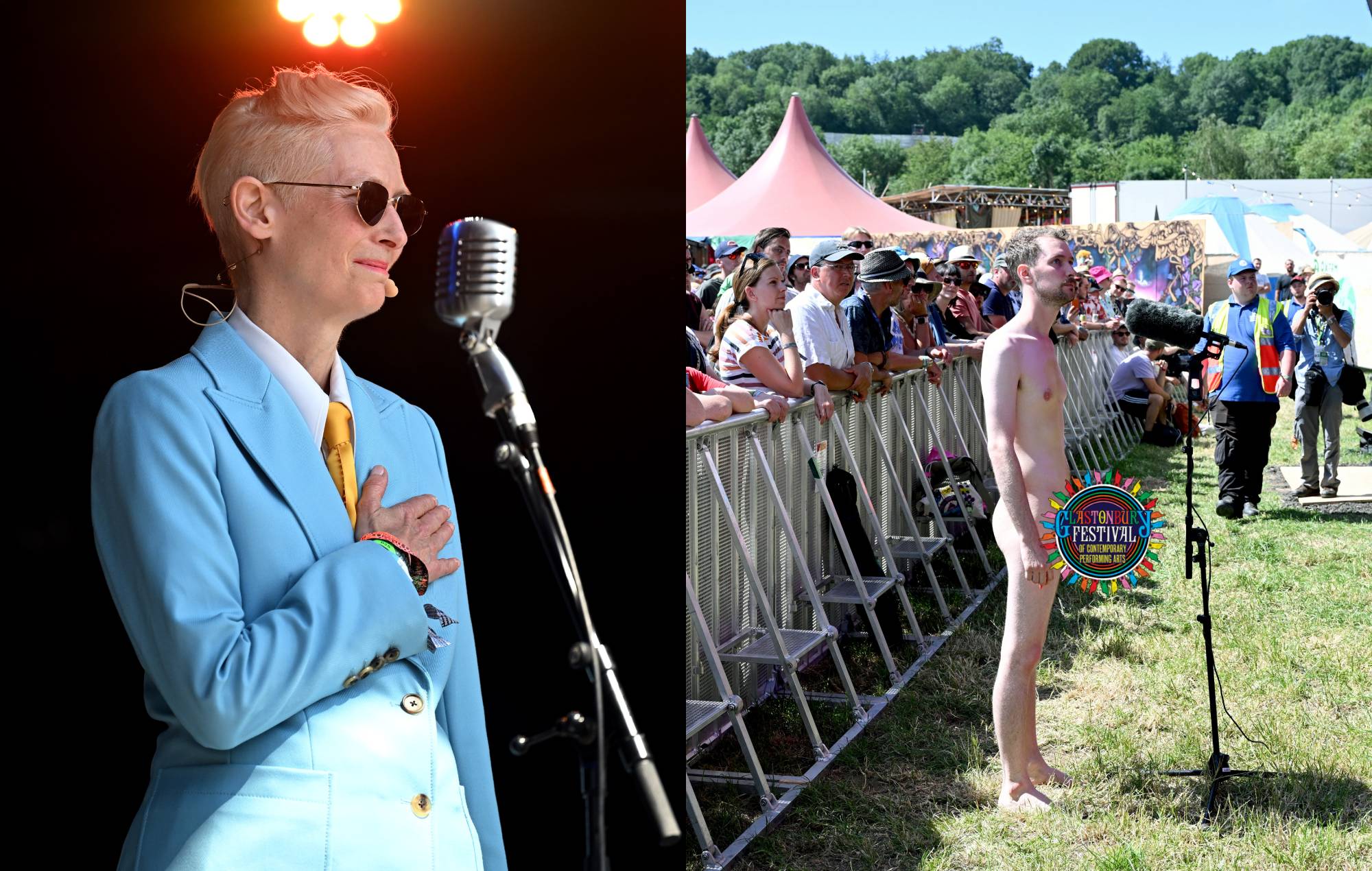 Tilda Swinton se une a Max Richter en Glastonbury 2023, un hombre intenta protestar desnudo